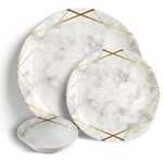 White & Gold Marble - 18 Piece Dinner Set 10.5" Plates 7.5" Side Plates 7" Bowls