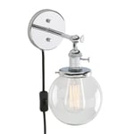 Pathson Industrial Vintage Wall Lights Plug in Sconce Lamp Fittings with Globe Clear Glass Lampshade,Switch and Wooden Frame, 3.5M Black Cable (Chrome)
