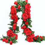 Ruiuzioong Artificial Rose Vines,Fake Rose Garland Silk Flowers Hanging Artificial Plants for Hotel Wedding Home Party Garden Craft Art Arch Arrangement Decoration (Red, 2pcs - 9Flowers)