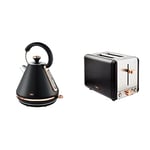 Tower T10044RG Cavaletto Pyramid Kettle with Fast Boil, Detachable Filter, 1.7 Litre, 3000 W, Black and Rose Gold & T20036RG Cavaletto 2-Slice Toaster with Defrost/Reheat, Black and Rose Gold
