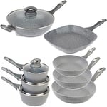 Salter COMBO-8572A 8 Piece Pan Set – Non-Stick Induction Suitable, 16/18/20cm Saucepans, 20/24/28cm Frying Pans, Wok, Griddle Kitchen Pan, Healthier Cooking with Little Or No Oil, Marblestone, Grey