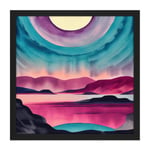 Moonrise After Sunset Landscape In Pink Teal Blue And Purple Watercolour Illustration Square Framed Wall Art Print Picture 16X16 Inch