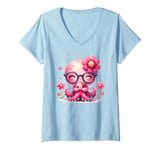 Womens Blue Background, Cute Blue Octopus Daisy Flower Sunglasses V-Neck T-Shirt