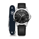 Victorinox Alliance Ø 40, Black dial, Silver Stainless Steel case, Strap Black Leather + Swiss Army Knife for Men 241904.1