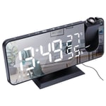 Väckarklocka med spegelglas och LED-projektor, projicerar tiden på vägg/tak - Svart