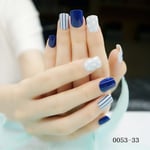 24 Pcs Blue White Glitter Line Short Fake Nails Full Cover Nail