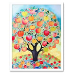 Apple Tree Fruit Harvest Day Folk Art Bright Watercolour Painting Art Print Framed Poster Wall Decor 12x16 inch