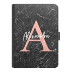 Personalised Initial Case For Apple iPad 5 (5th Generation) (2017), Black Marble Print with Pink Initial and White Name, 360 Swivel Leather Side Flip Wallet Folio Cover, Marble Ipad Case