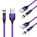 3pcs 0.5m 1m 2m Type C 3A Fast Charging Cable 360º + 180º Rotation Magnetic Cable USB C Data Sync Wire Compatible with Samsung Galaxy S9 S8 Note 9, LG V30 G6 G5 V20 and More (Purple)