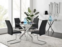 Novara Clear Tempered Glass 100cm Round Dining Table with Chrome Starburst Legs & 4 Lorenzo Faux Leather Chairs