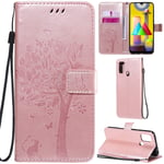 DodoBuy Samsung Galaxy A21s Case Cat Tree Pattern PU Leather Flip Cover Wallet Stand with Card/Cash Slots Packet Wrist Strap Magnetic Clasp for Samsung Galaxy A21s - Rose Gold