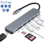 USB C Hub, 7 i 1 Typ C Multiport Adapter med 4K HDMI, SD/TF-kortläsare, USB 3.0-portar och USB 2.0-portar, 87W PD-port