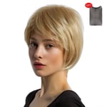 Women Fluffy Short 100% Real Human Hair Wigs W/ Wig Blonde Net
