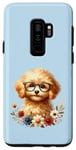 Coque pour Galaxy S9+ Chiot Doodle Adorable bleu avec fleurs et lunettes