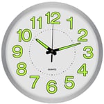 TOKTEKK 12 inch Luminous Wall Clock, Silent Non-Ticking Decorative Battery Operated Night Lights Round Wall Clock Glow In The Dark for Living Room Bedroom Deco (Luminous-Silver)
