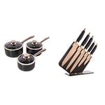 Tower T800001RB Saucepan Set, Aluminium, Black and Rose Gold & Kitchen Knife Set with Acrylic Knife Block, Damascus Effect, Stainless Steel Blades, Rose Gold and Black, 5 Pieces
