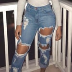 Kvinnor Denim Hole Ripped Jeans Slim Pants Light Blue M