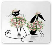 Animals Mouse Pad, Glamor Cat and Dog in Floral Clothes High Fashion Stylish Feminine Design, Standard Size Rectangle Non-Slip Rubber Mousepad, Black White Peach-ME