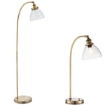 Standing Floor & Table Lamp Set Antique Brass Glass Shade Retro Industrial Light