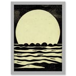 Retro Moonrise Over Sea Black And White Linocut Illustration Artwork Framed Wall Art Print A4