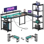 ODK Bureau d'angle Informatique Réversible de avec Bibliothèque, Bureau avec Long Support de Moniteur Réglable (Noir, 155cm avec LED & 2 Prises de Courant)