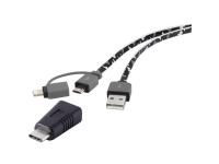 Renkforce USB-kabel USB 2.0 USB 2.0 USB-A hankontakt, USB-C®-kontakt, USB micro-B hankontakt, Apple Lightning-kontakt 0,20 m Kamouflage extremt flexibla, guldpläterade kontakter,