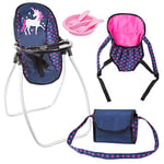 Bayer Design 63654AB Vario Set 9 en 1 avec une poche, un porte-outil, une assiette avec couvert, une chaise haute, accessoires pour poupée, bleu rose licorne
