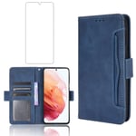 Asuwish Compatible with Samsung Galaxy S21 Plus Glaxay S21+ 5G Wallet Case Tempered Glass Screen Protector Flip Card Holder Stand Cell Phone Cases for Gaxaly S21+5G S21plus 21S + S 21 21+ G5 Blue
