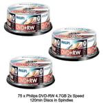 75 x Philips DVD+RW 4.7GB 120Min Rewritable 4x Speed 25s Blank Discs Spindle Tub