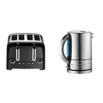 Dualit 46205 4 Slot Lite Toaster in Black Finish & Architect Kettle | 1.5 L 2.3 KW Stainless Steel Kettle with Brushed Finish | Measuring Window with Cup Level Indicators | 72905