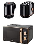 Tower Kitchen Retro Rose Gold & Black Manual 20L Microwave, 1.5 Litre Jug 2200W Kettle & Rose Gold & Black 2 Slice Toaster
