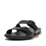 Fitflop Women's Gracie Rubber-Buckle Two-BAR Leather Slides Flat Sandal, All Black, 7 UK