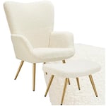 TecTake® Fauteuil Salon Confortable & Tabouret en Tissu bouclé Fauteuil Scandinave Moelleux avec Accoudoirs Chaise Ergonomique pour Salle à Manger, Chambre, Siege Bureau, Allaitement - Crème/Or