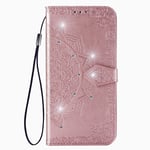 Samsung Galaxy A12 / M12 Case Glitter, Shockproof Flip Folio PU Leather Phone Wallet Case Full Protection Mandala with Magnetic Stand Silicone Bumper Cover for Samsung A12 / M12 Case Girls, Rose Gold