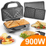 900W 3-in-1 Sandwich Toaster Waffle Maker Grill Panini Press Deep Fill 6 Slices
