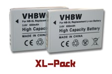 2 x Li-Ion batteries 650mAh (3.6V) pour Canon Digital Ixus-, Powershot-Serie, par exemple: 90IS, 970IS, SX210IS, SD800. Remplace: NB-5L.