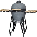Brasero - Barbecue au charbon de bois en céramique kamado - Haute résistance à la chaleur - Avec Thermomètre, chariot - Tablettes latérales - Gris