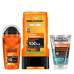 L'Oréal Men Expert - Coffret Routine Hydra Energetic 3 Produits pour Homme - 1x Déodorant Bille XXL Anti-Transpirant 48h, 1x Gel Douche Corps, Cheveux & Visage, 1x Gel Visage Désincrustant