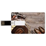 64G USB Flash Drives Credit Card Shape Western Memory Stick Bank Card Style American Legend Cowboy Ranching Gear Retro Gun in Holster Antique Hat Rustic,Tan and Brown Waterproof Pen Thumb Lovely Jump
