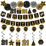 21st Birthday Decorations for him - (21pack) Cheers to 21 Years Black Gold Glitter Banner for Men her, 6 Paper Poms, 6 Hanging Swirl, 7 Decorations Stickers. 21 Years Old Party Supplies Gifts for him