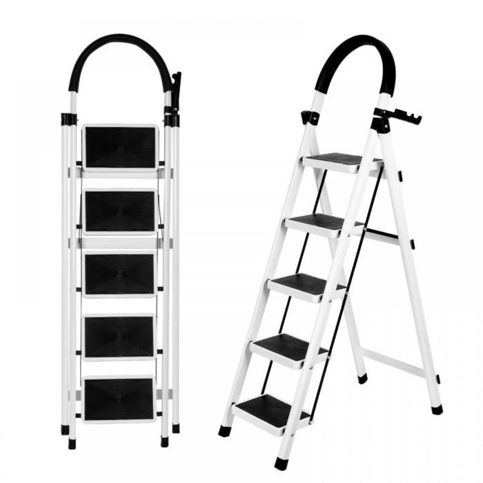 KINGRACK Escabeau 3 Marches Avec Verrouillage De Sécurité, Large Pédale Antidérapante