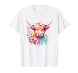 Spring Elegant Cute Highland Cow Pastel Watercolor Floral T-Shirt