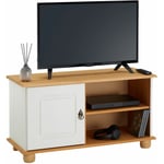 Meuble tv belfort banc télé de 94 cm en bois avec 1 porte et 2 niches, en pin massif lasuré blanc et brun - Blanc/Brun