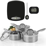 Salter COMBO-8678A 6 Piece Cooking Set - Set of 3 Induction Saucepans, Stainless Steel, Digital Kitchen Scale, Instant Read Probe Thermometer, Easy Read Timer, 16/18/20cm Cooking Pans, Weigh Scale