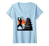 Womens Sunset Retro Shadow Japanese Art Silhouette Warrior V-Neck T-Shirt