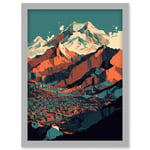 Modern City Surrounded by Tall Mountains Landscape Artwork Framed Wall Art Print A4