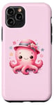 Coque pour iPhone 11 Pro Fond rose avec pieuvre mignonne avec chapeau et fleurs