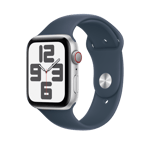 Apple Watch SE (GPS + Cellular) • 44 mm aluminiumboett silver • Sportband stormblå – M/L