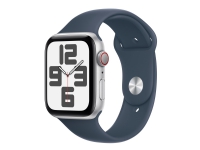 Apple Watch SE (GPS + Cellular) - 2. generasjon - 44 mm - sølvaluminium - smartklokke med sportsbånd - fluorelastomer - stormblå - båndbredde: S/M - 32 GB - Wi-Fi, LTE, Bluetooth - 4G - 33 g