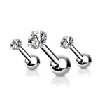 Pack  3 Tragus/Cartilage Piercing med 3 Vita CZ IP-316L stål Platin stål